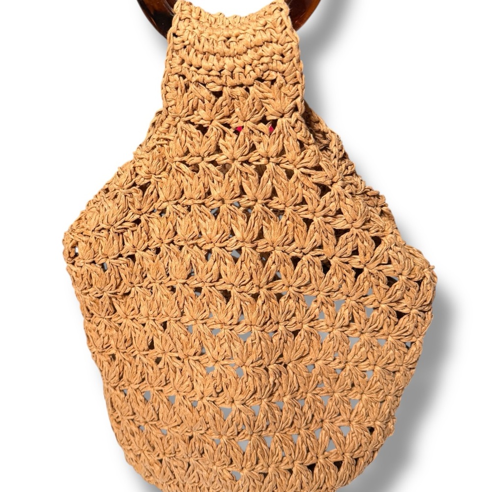 Zara Tan Crochet‎ macrame style Tote with Wooden Handles boho - Picture 2 of 5